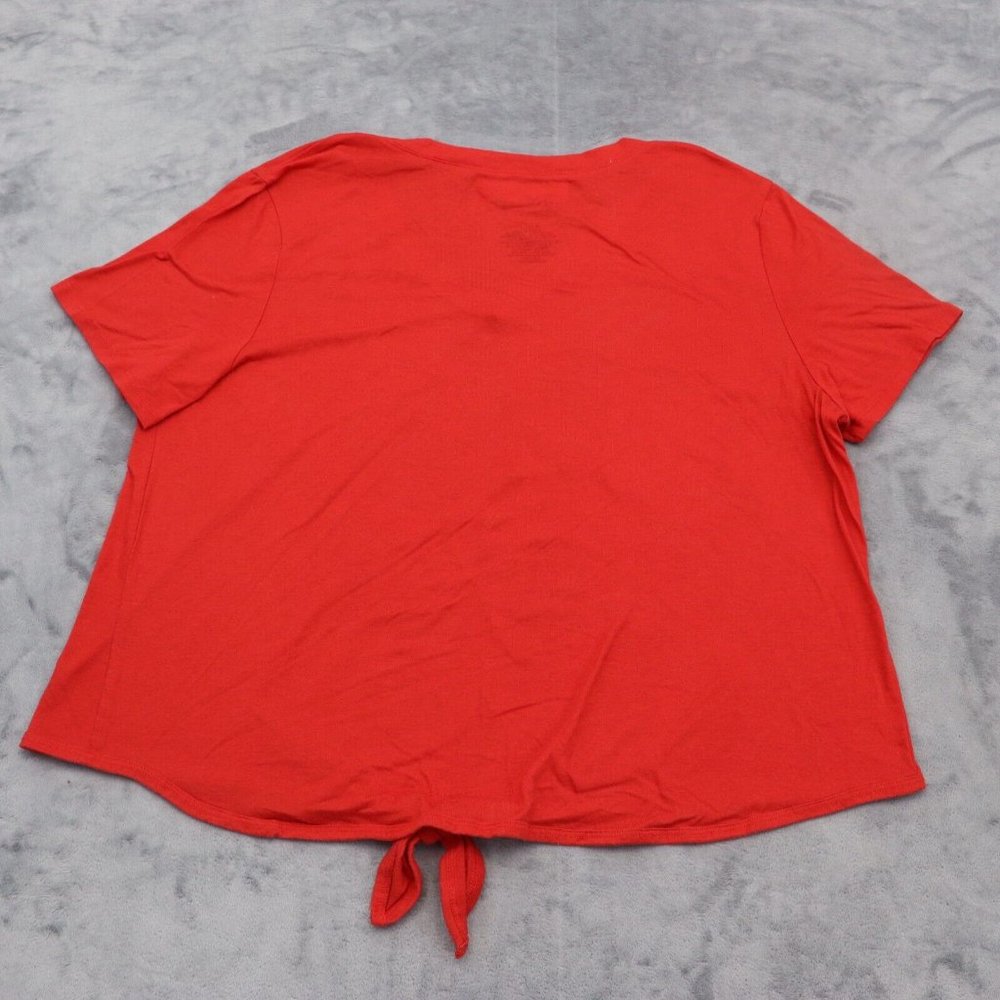 Disney Shirt Women XXL Red Mickey Mouse Graphic Print V Neck Tie Front Crop Tee - Picture 8 of 13